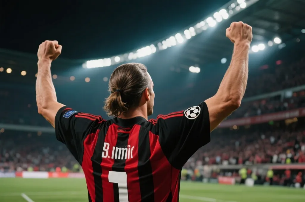A charismatic veteran soccer striker with a ponytail, wearing a red and black jersey, raising his arms in triumph inside a packed stadium under bright floodlights