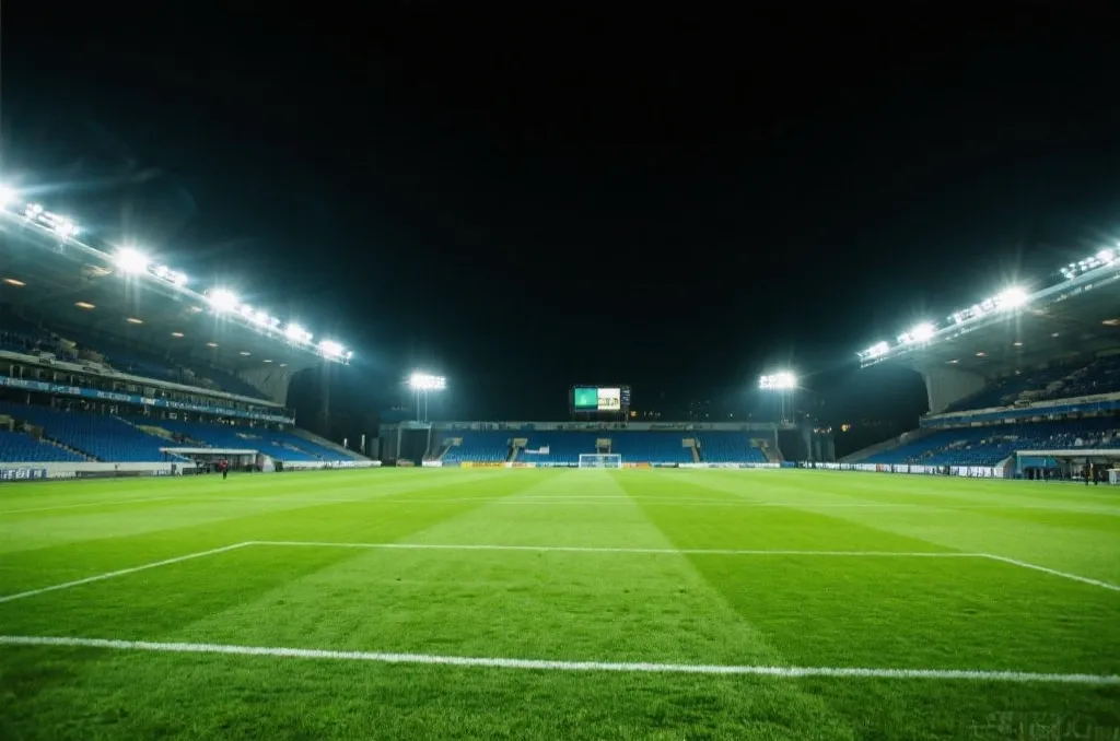 Modern soccer stadium pitch and green grass under bright stadium lights