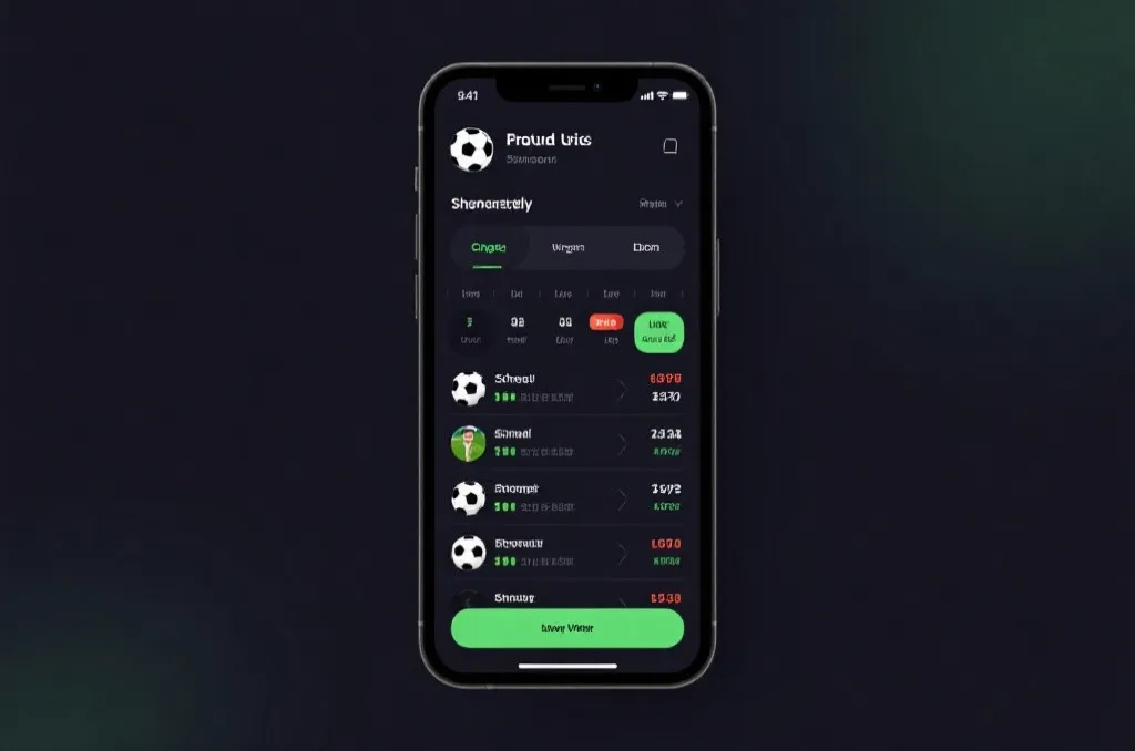 A user interface mockup of a sports mobile application, showing a schedule of upcoming football matches and live scores, sleek dark mode design, vector graphic style
